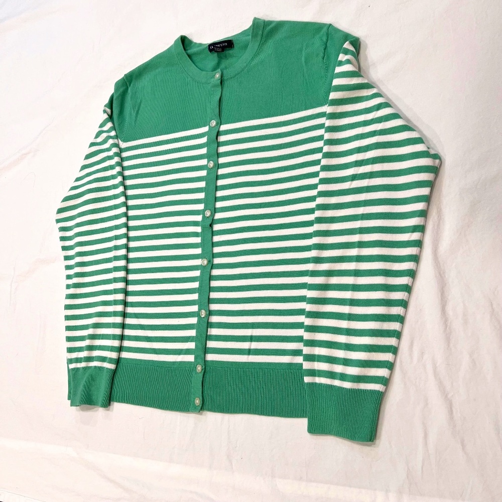 Lands End Light Weight Spring Green and White Striped Cotton Cardigan Sz L 14-16